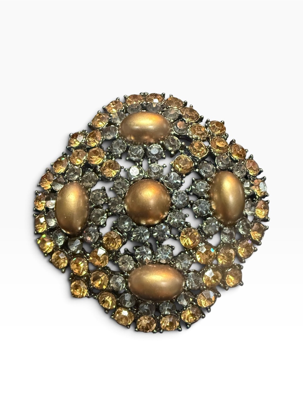 Vintage Signed MONET Rhinestone Cabochon Statement Brooch Topaz Smoky Gray